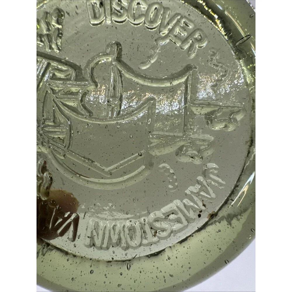 Vintage Ship Discover Jamestown VA Green Glass Paperweight/coaster Green